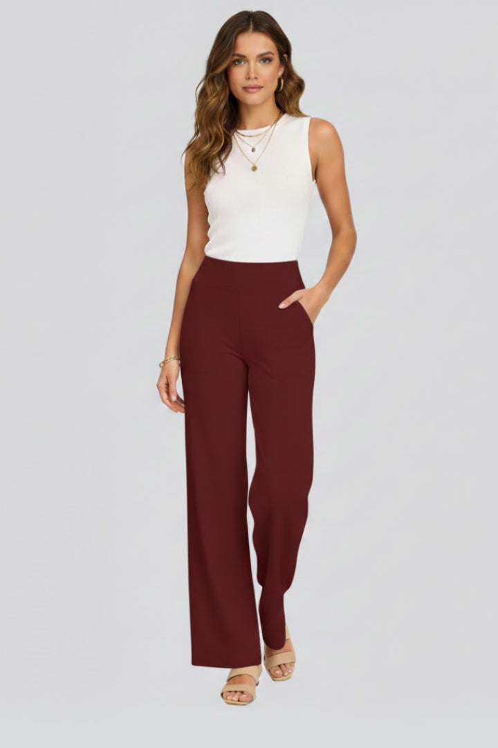 Florentina | Women's Wide-Leg Linen High Rise Wide Leg Trousers Pants — Red