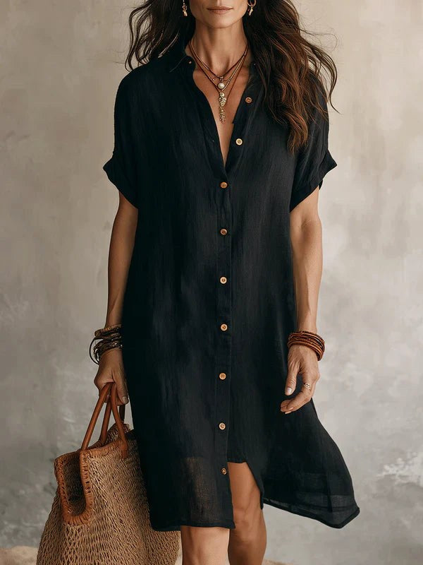 Galiabelle | Women's Elegant Linen Cotton Shirt Midi Dress — Black