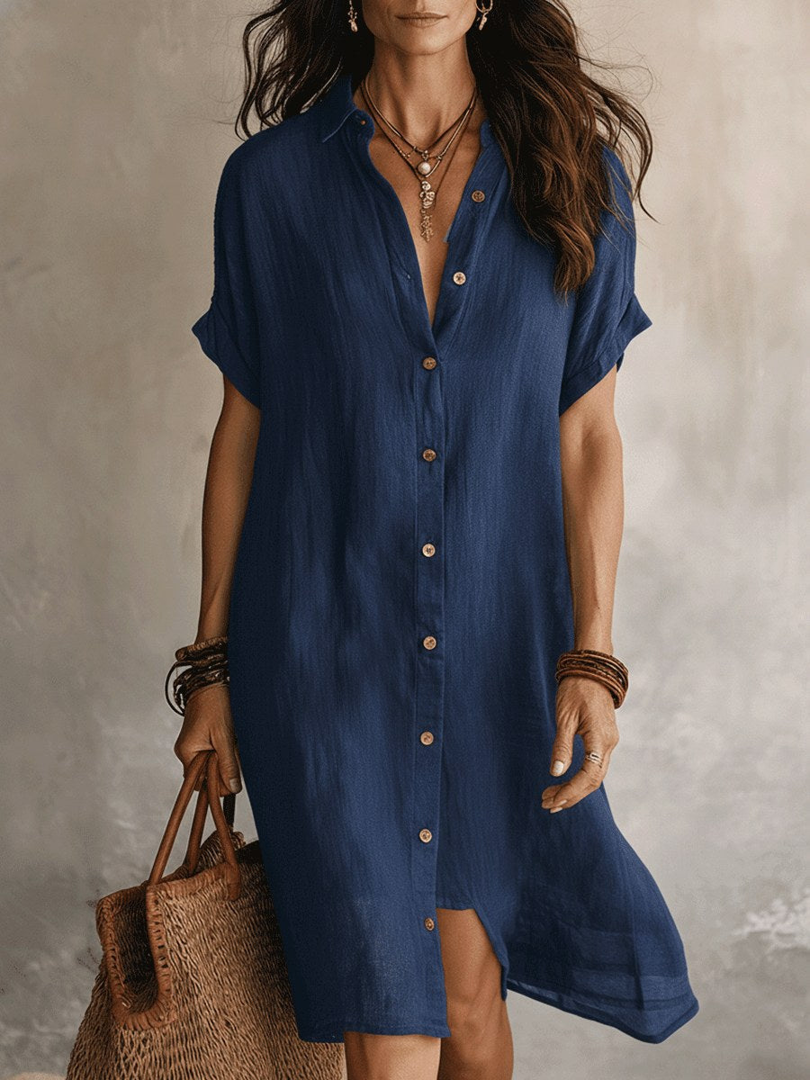 Galiabelle | Women's Elegant Linen Cotton Shirt Midi Dress — Blue