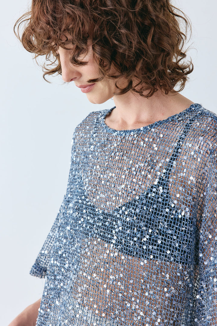Galialia | Women's Casual Stretch Sequin Top Navy — 2