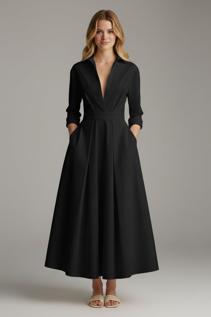 Giaaine | Women's Elegant Midi Dress Cream Collared Button-Front for — Black