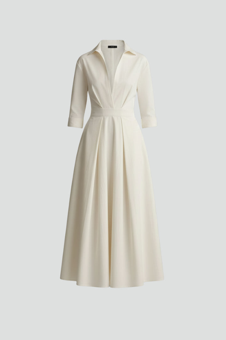 Giaaine | Women's Elegant Midi Dress Cream Collared Button-Front for — 1