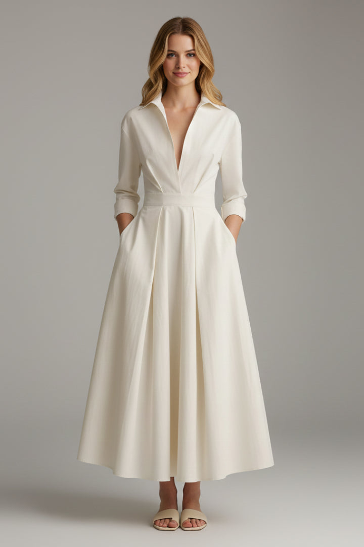 Giaaine | Women's Elegant Midi Dress Cream Collared Button-Front for — 2