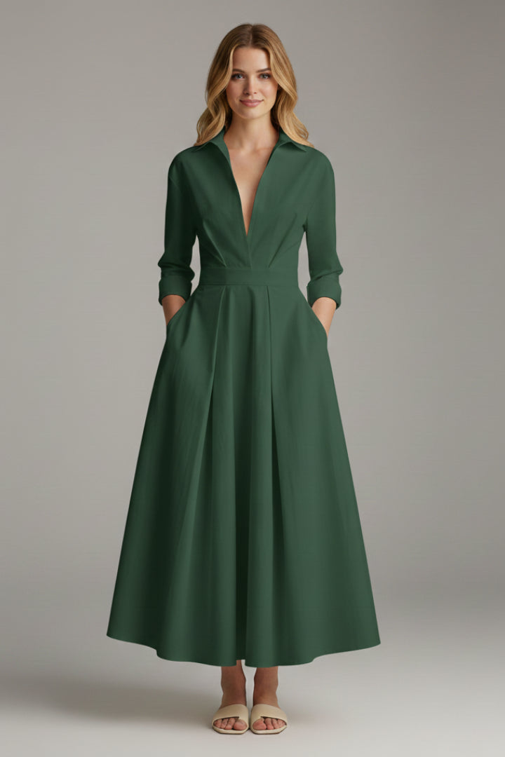 Giaaine | Women's Elegant Midi Dress Cream Collared Button-Front for — Green