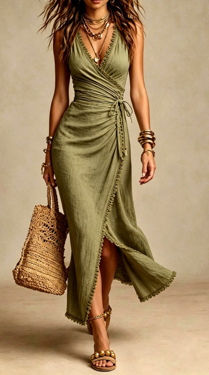 Giaine | Women's Elegant Sleeveless Wrap Tie Maxi Dress — Green