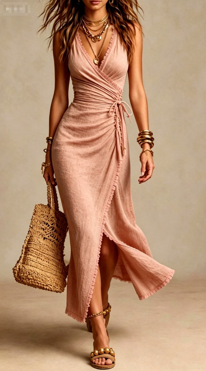 Giaine | Women's Elegant Sleeveless Wrap Tie Maxi Dress — Pink