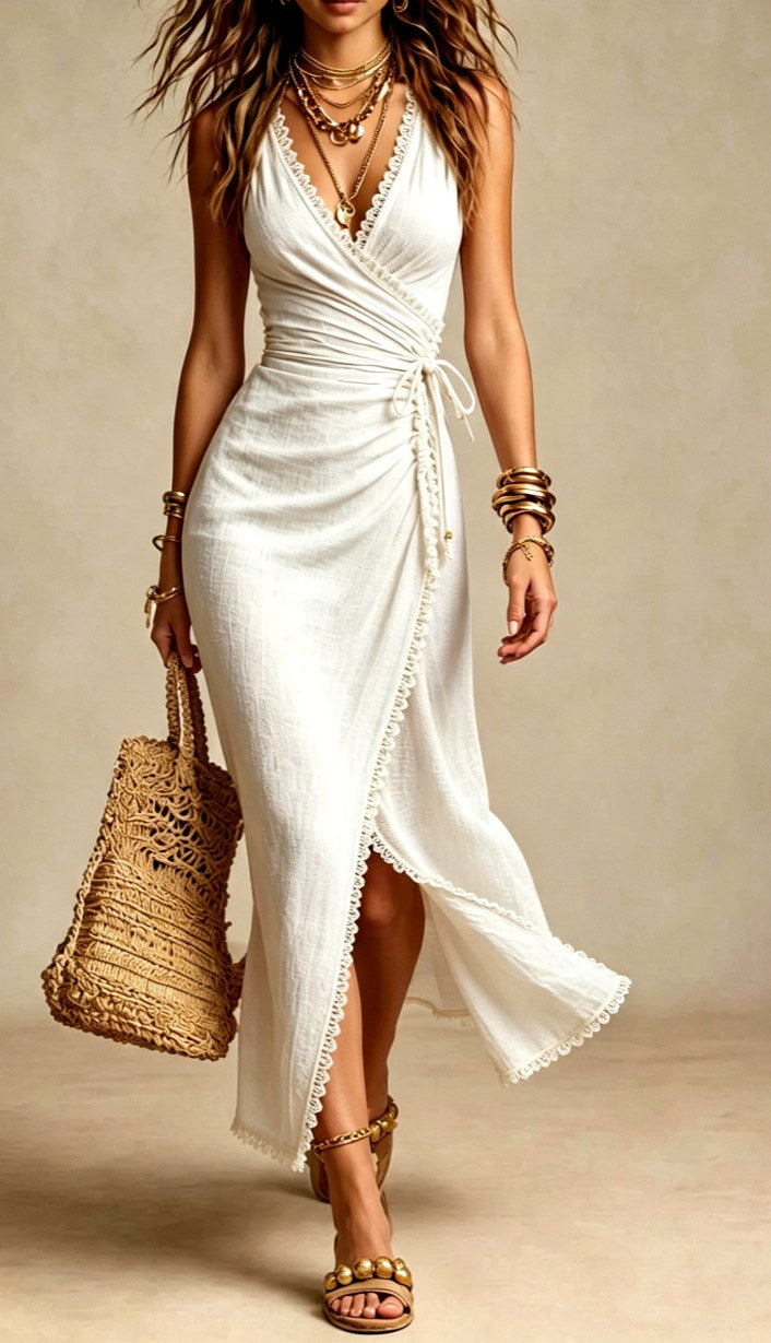 Giaine | Women's Elegant Sleeveless Wrap Tie Maxi Dress — White