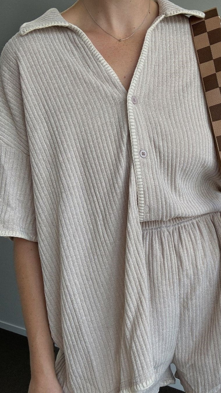 Gialise | Women's Cozy Knit Top and Shorts Set - Taupe Sweaters — 2