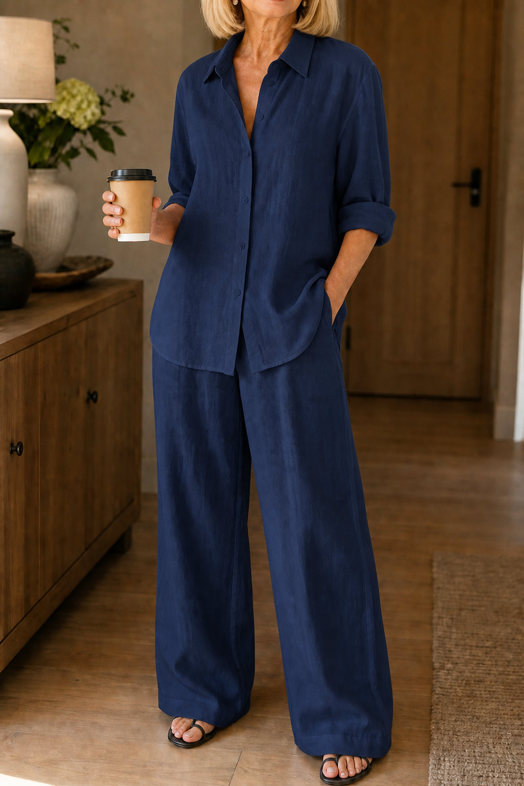 Giamira | Linen Blend Shirt & Wide Leg Pants Matching Set