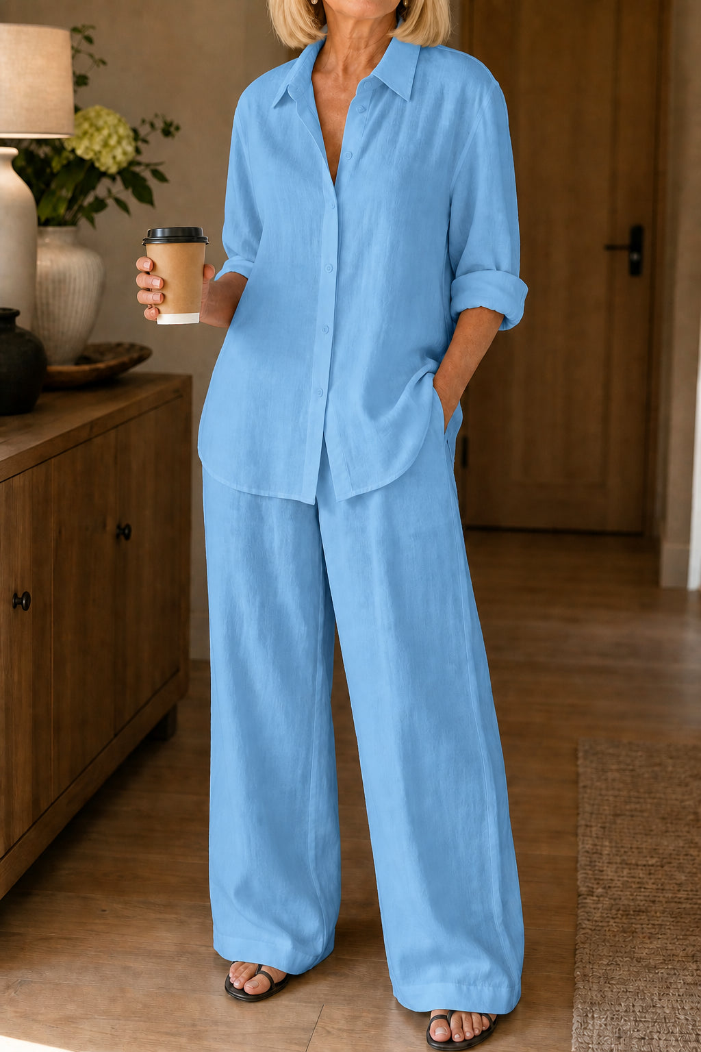 Giamira | Linen Blend Shirt & Wide Leg Pants Matching Set