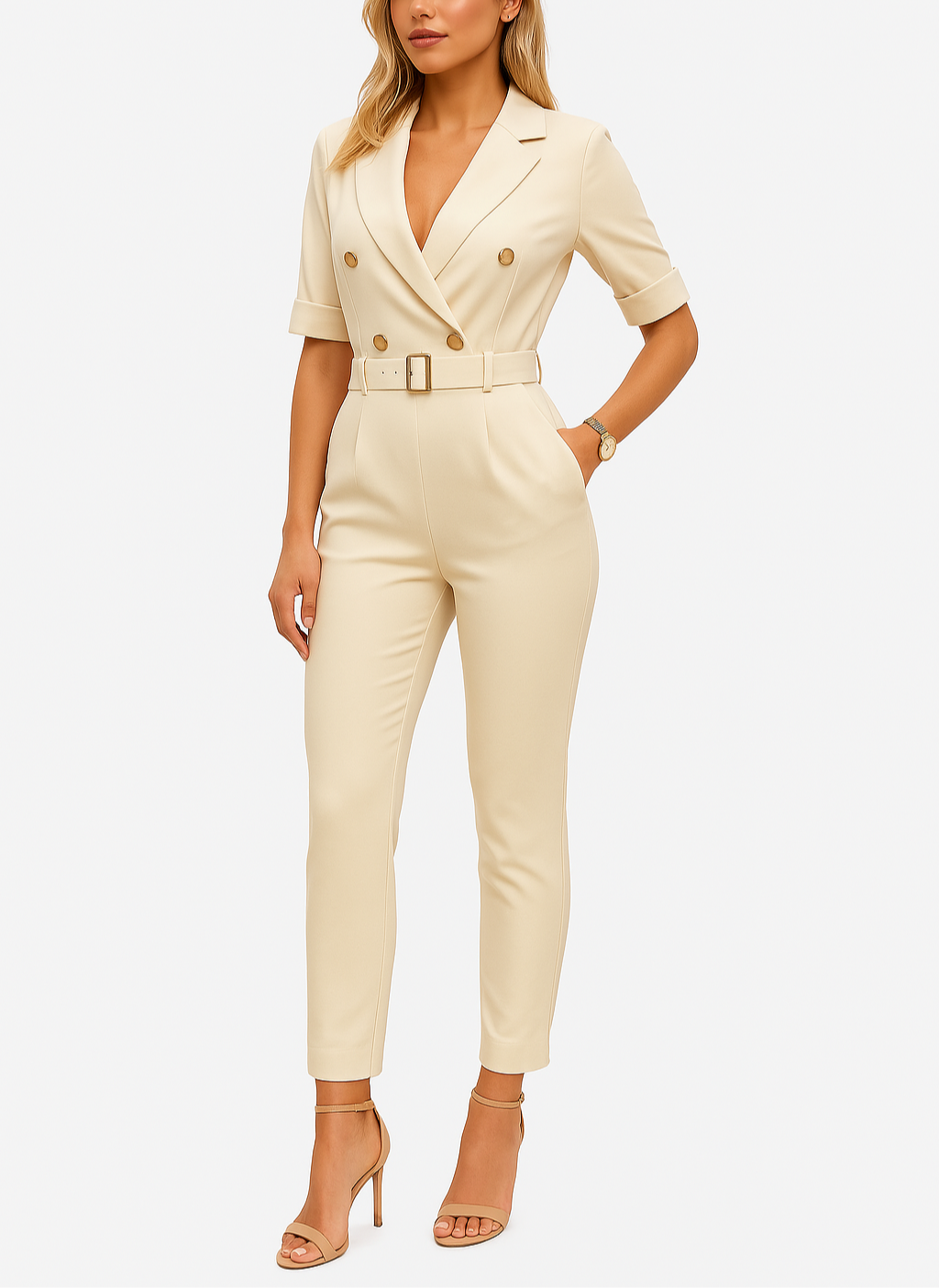 Giaolde | Belted Deep V-Neck Wide Leg Jumpsuit