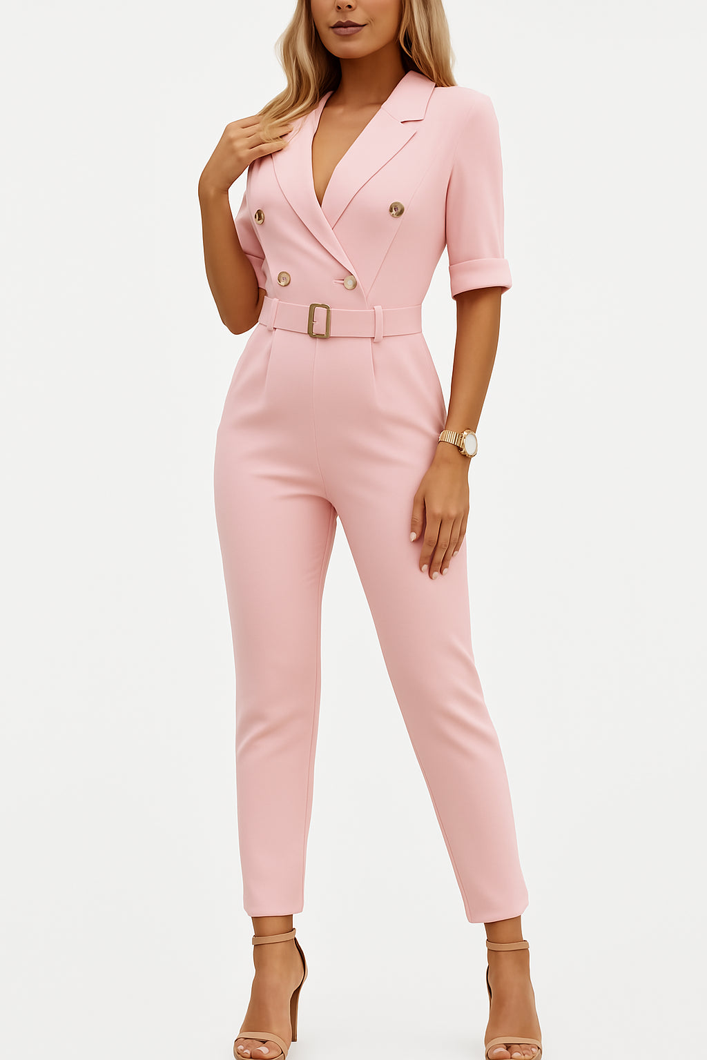 Giaolde | Belted Deep V-Neck Wide Leg Jumpsuit