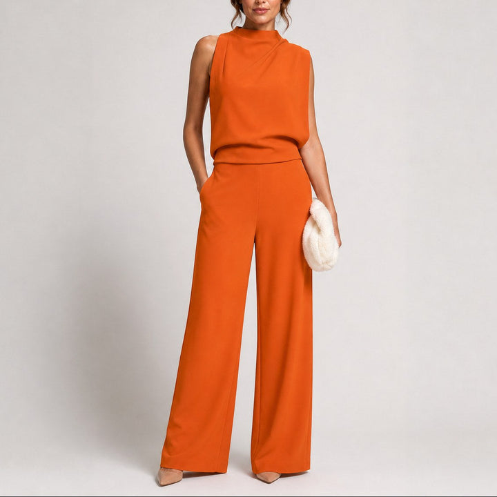 Giaynn | Women's Wide-Leg Elegant Sleeveless Jumpsuit with High Neckline — Orange
