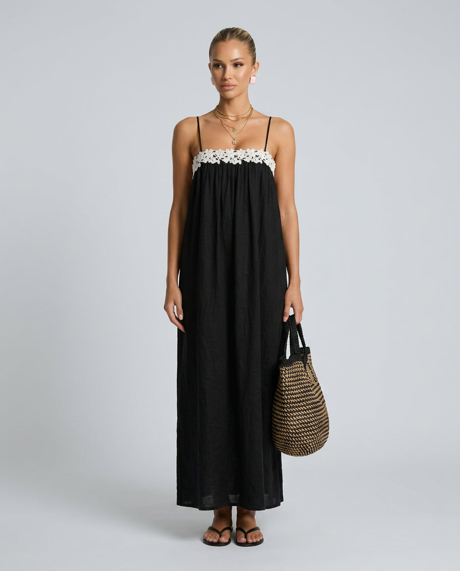 Grace | Women's Wedding Guest Elegant Linen-Blend Maxi Dress with Lace Trim Dresses — 1