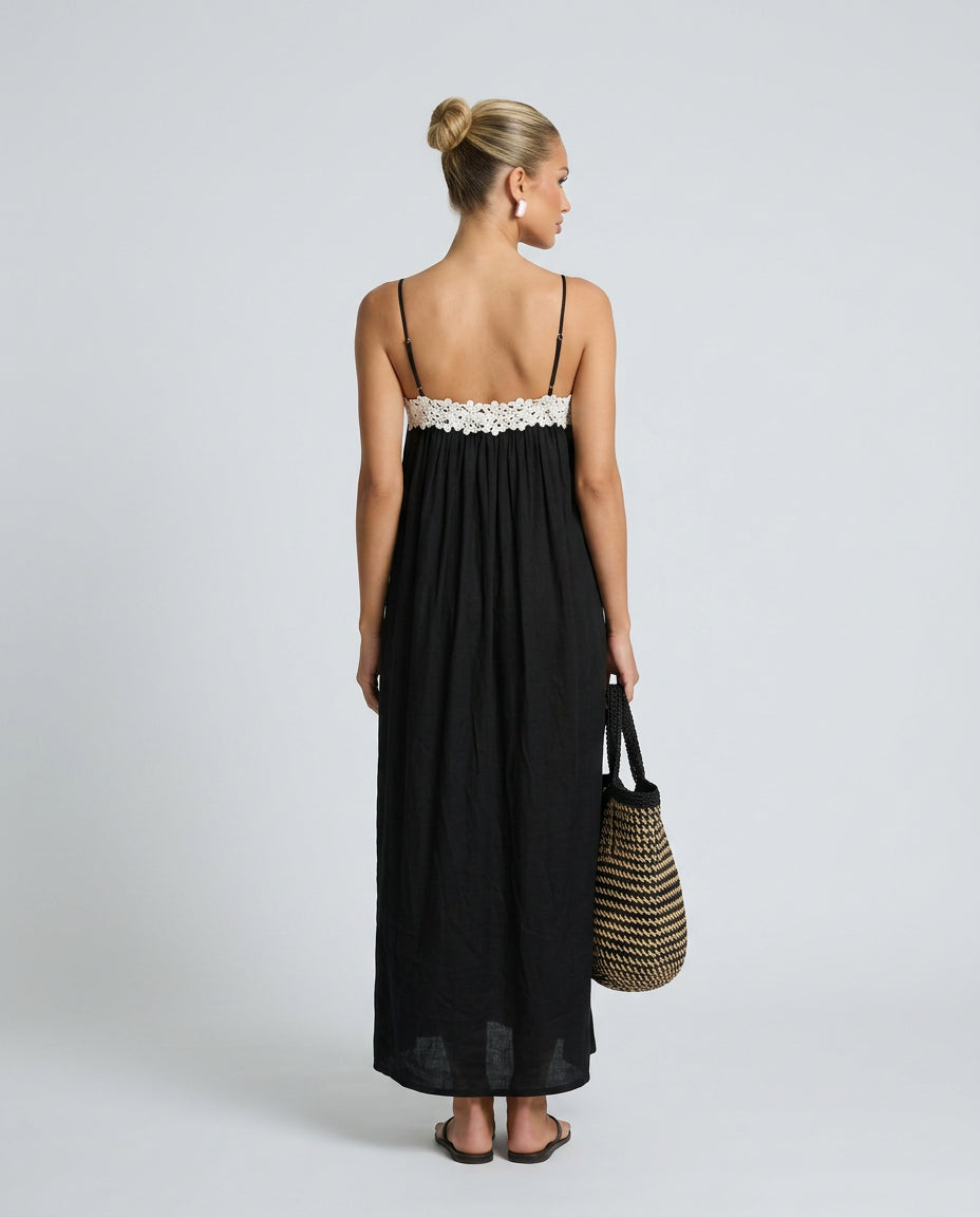 Grace | Women's Wedding Guest Elegant Linen-Blend Maxi Dress with Lace Trim Dresses — 2