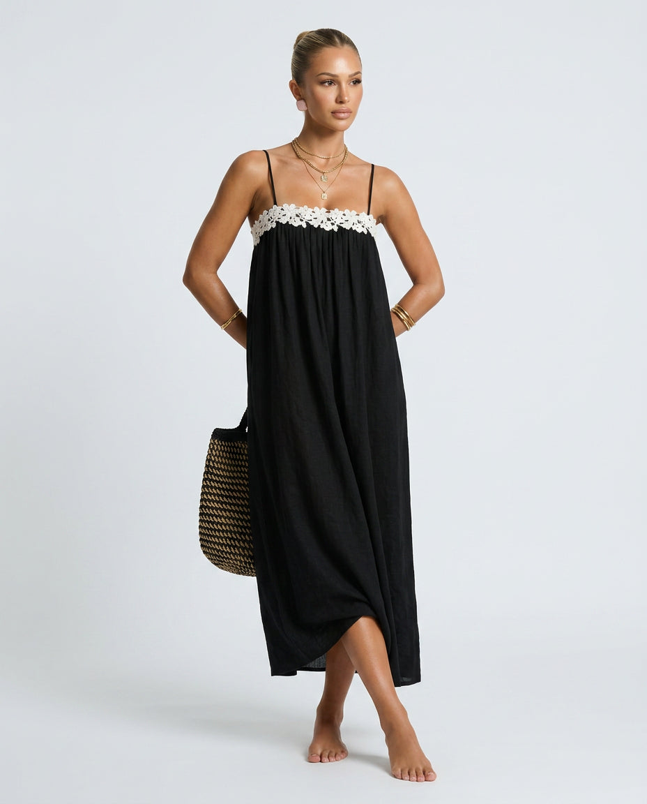 Grace | Women's Wedding Guest Elegant Linen-Blend Maxi Dress with Lace Trim Dresses — 3