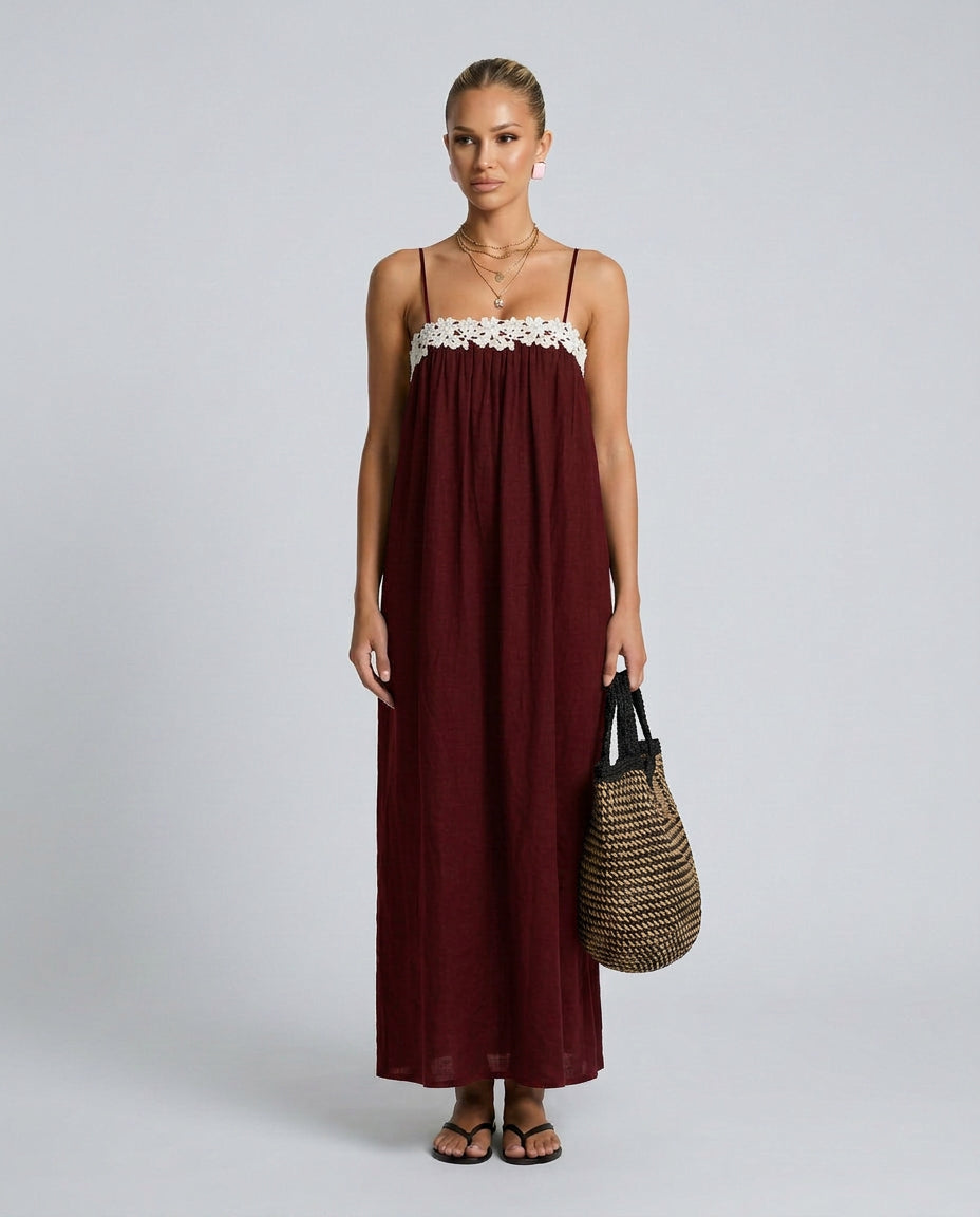 Grace | Women's Wedding Guest Elegant Linen-Blend Maxi Dress with Lace Trim Dresses — Red