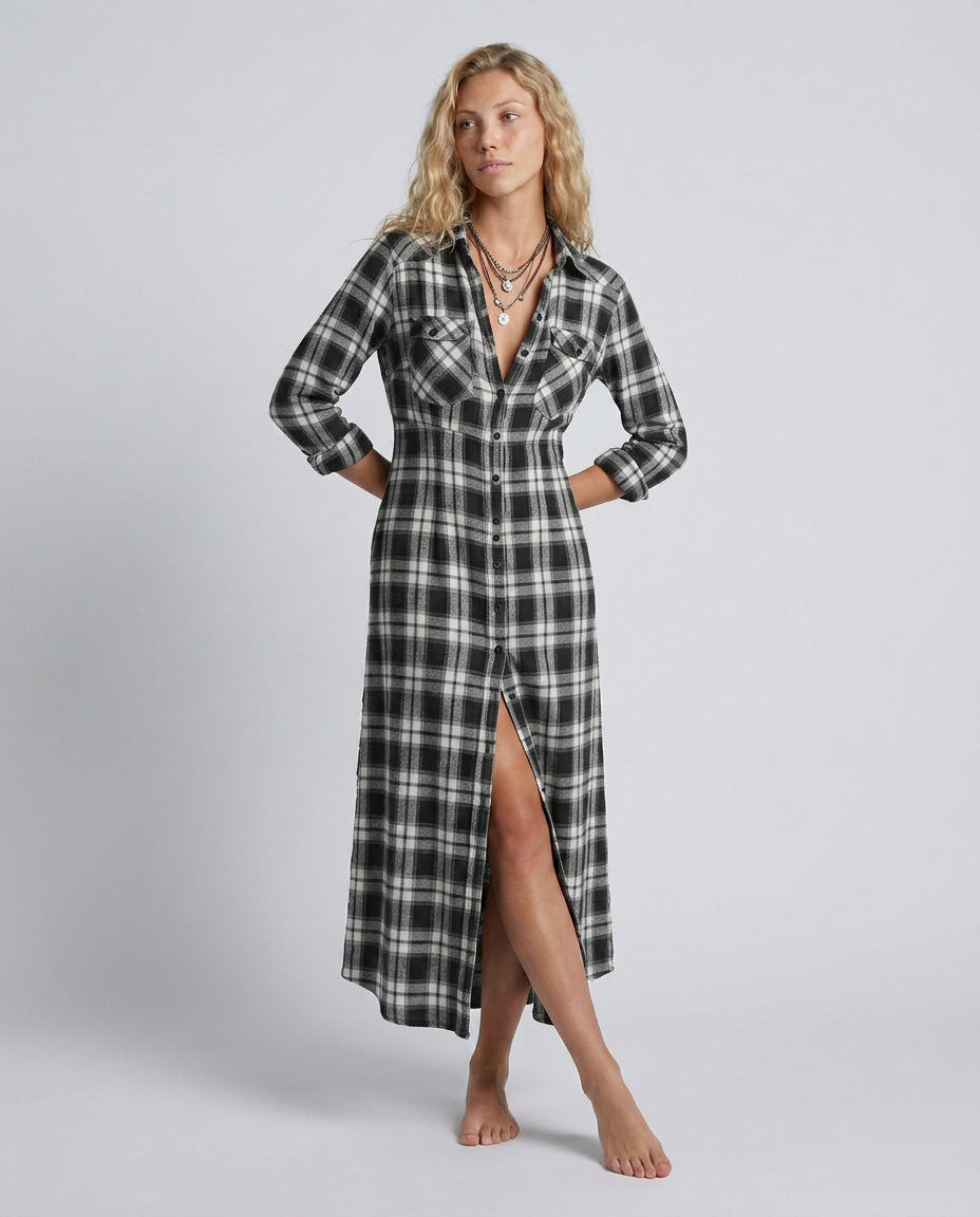 Greta | Women's Wedding Guest Elegant Plaid Shirt Maxi Dress with Button Front Dresses — Black