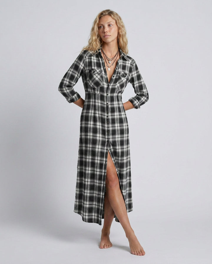 Greta | Women's Wedding Guest Elegant Plaid Shirt Maxi Dress with Button Front Dresses — 1