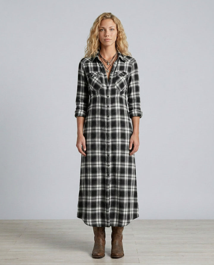 Greta | Women's Wedding Guest Elegant Plaid Shirt Maxi Dress with Button Front Dresses — 2