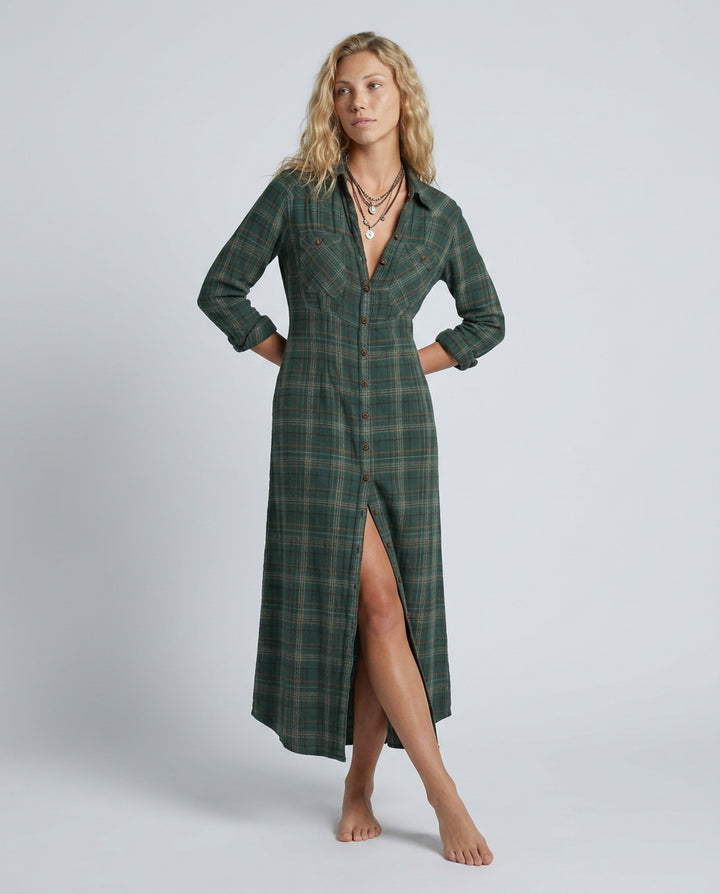 Greta | Women's Wedding Guest Elegant Plaid Shirt Maxi Dress with Button Front Dresses — 3