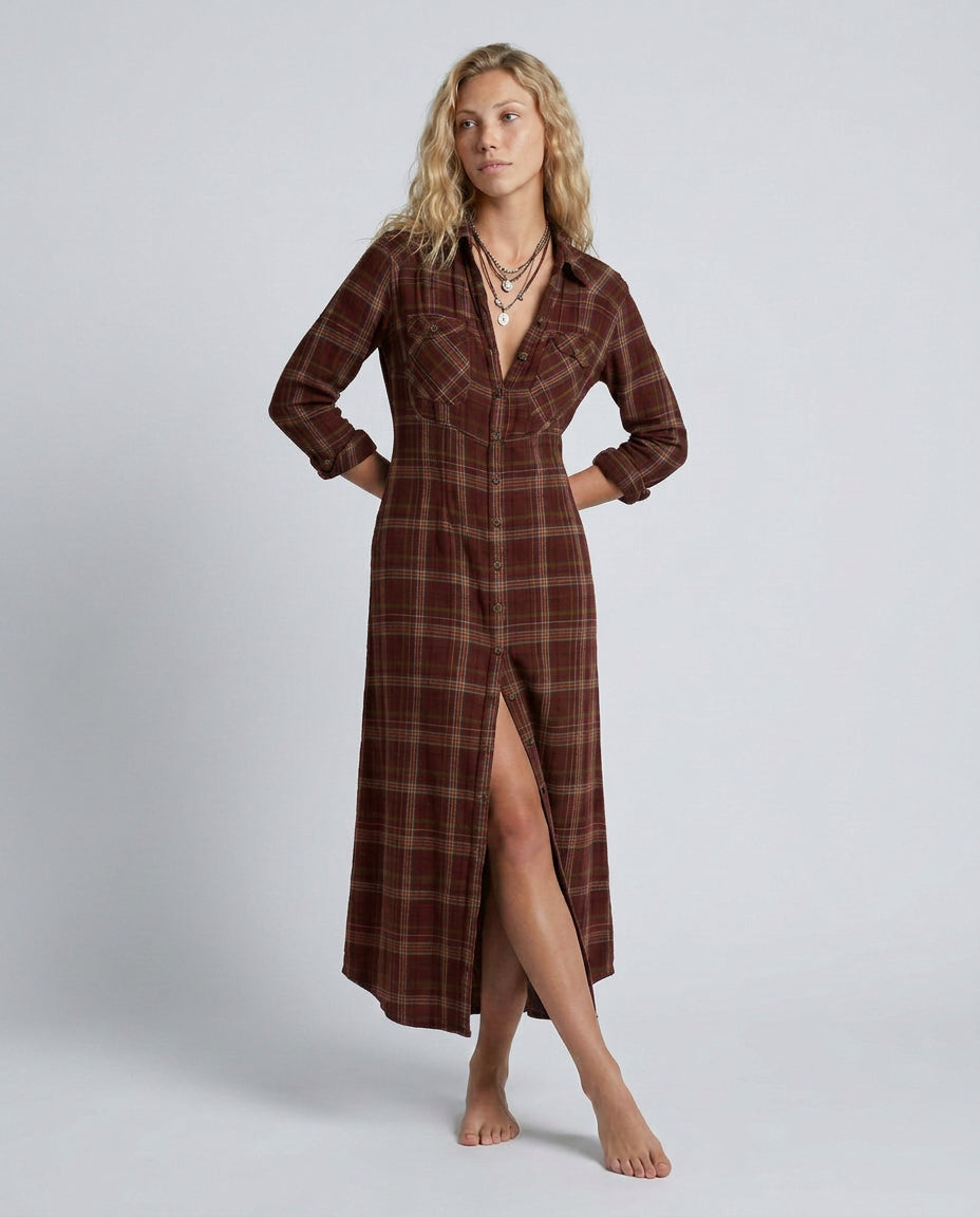 Greta | Women's Wedding Guest Elegant Plaid Shirt Maxi Dress with Button Front Dresses — Red