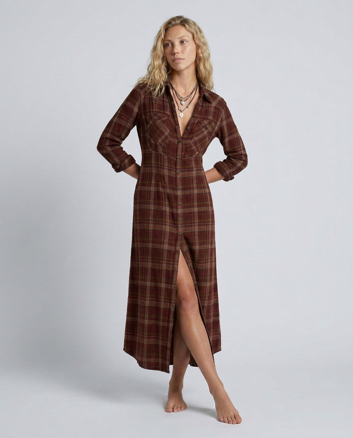 Greta | Women's Wedding Guest Elegant Plaid Shirt Maxi Dress with Button Front Dresses — Red