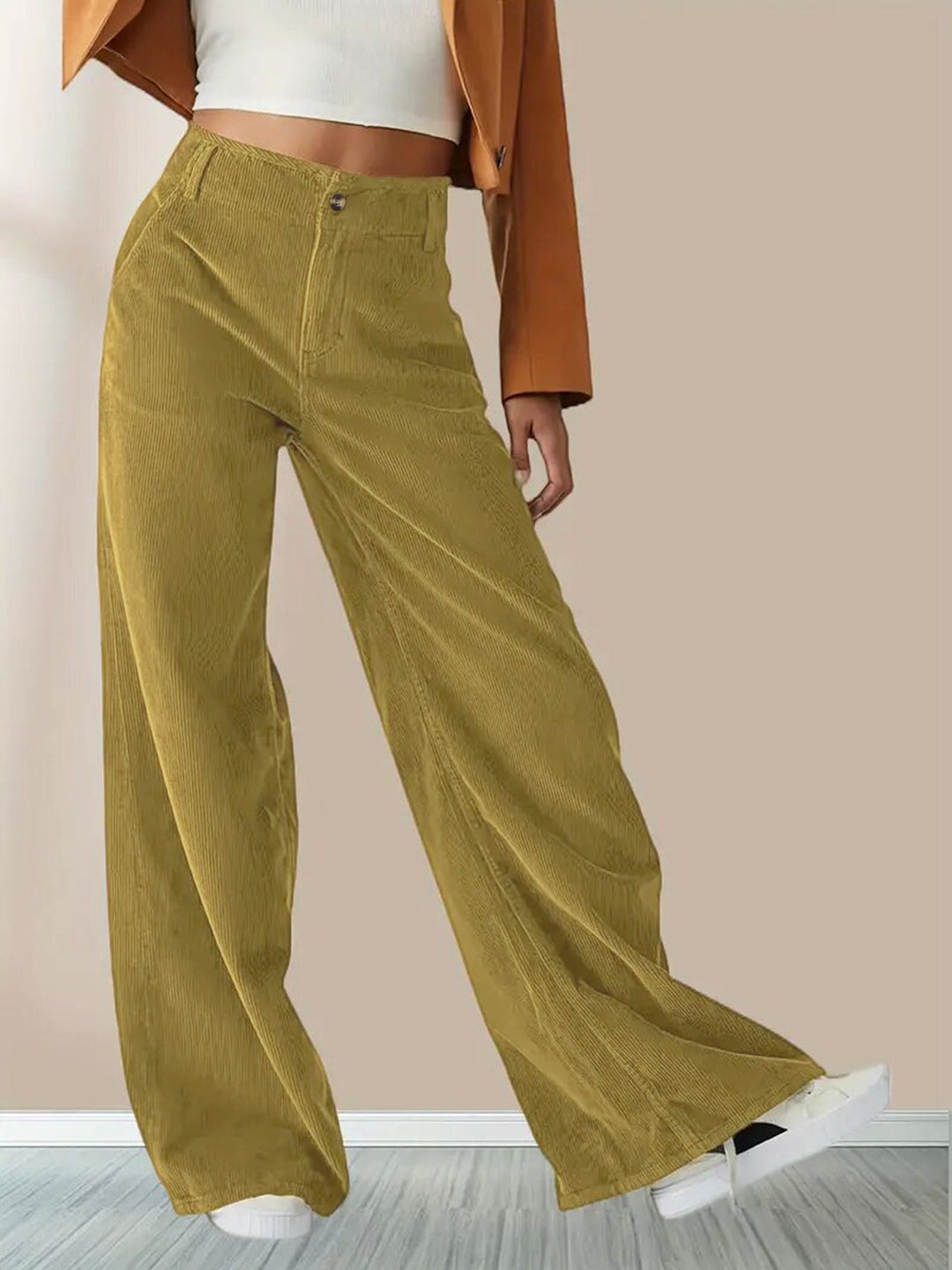 Guinevere | Women's Wide-Leg Linen Wide Leg Corduroy Pants For — Mustard Yellow