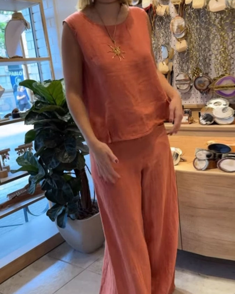 Gwenaria | Women's 2 Piece Linen Sleeveless Top and Wide Leg Trousers Women — Red