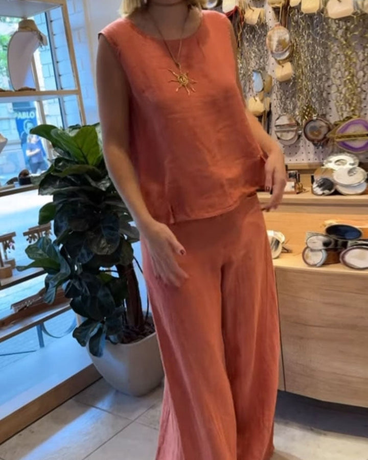 Gwenaria | Women's 2 Piece Linen Sleeveless Top and Wide Leg Trousers Women — Red