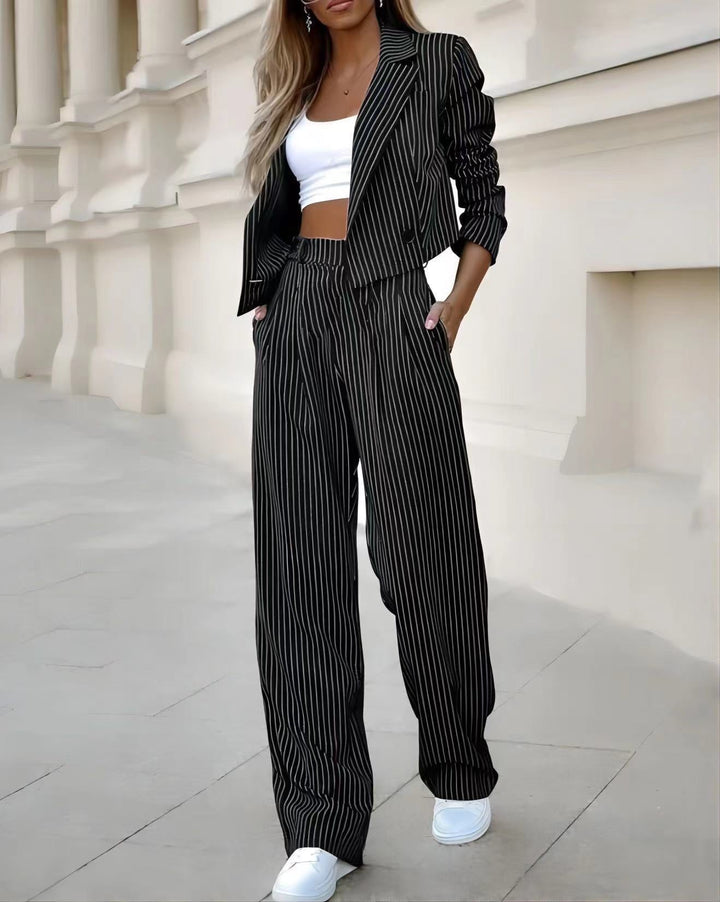 Halcybelle | Women's Tailored Single-Button Pinstripe Blazer Set Grey Wide-Leg Trousers for — Black