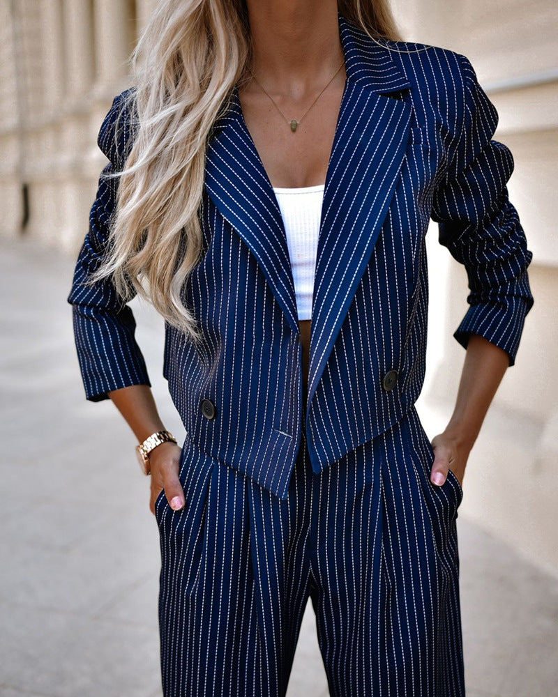 Halcybelle | Women's Tailored Single-Button Pinstripe Blazer Set Grey Wide-Leg Trousers for — Dark Blue
