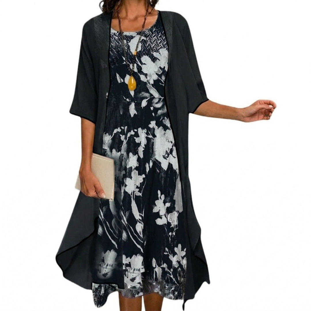 Haleelle | Women's Two-Piece Matching Floral Midi Dress Chiffon Jacket Two Piece Set — Black