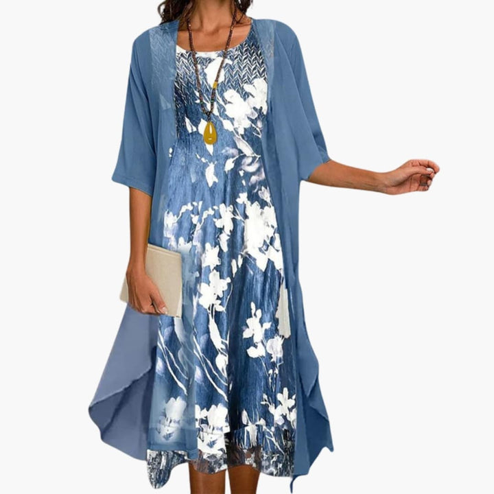 Haleelle | Women's Two-Piece Matching Floral Midi Dress Chiffon Jacket Two Piece Set — 1