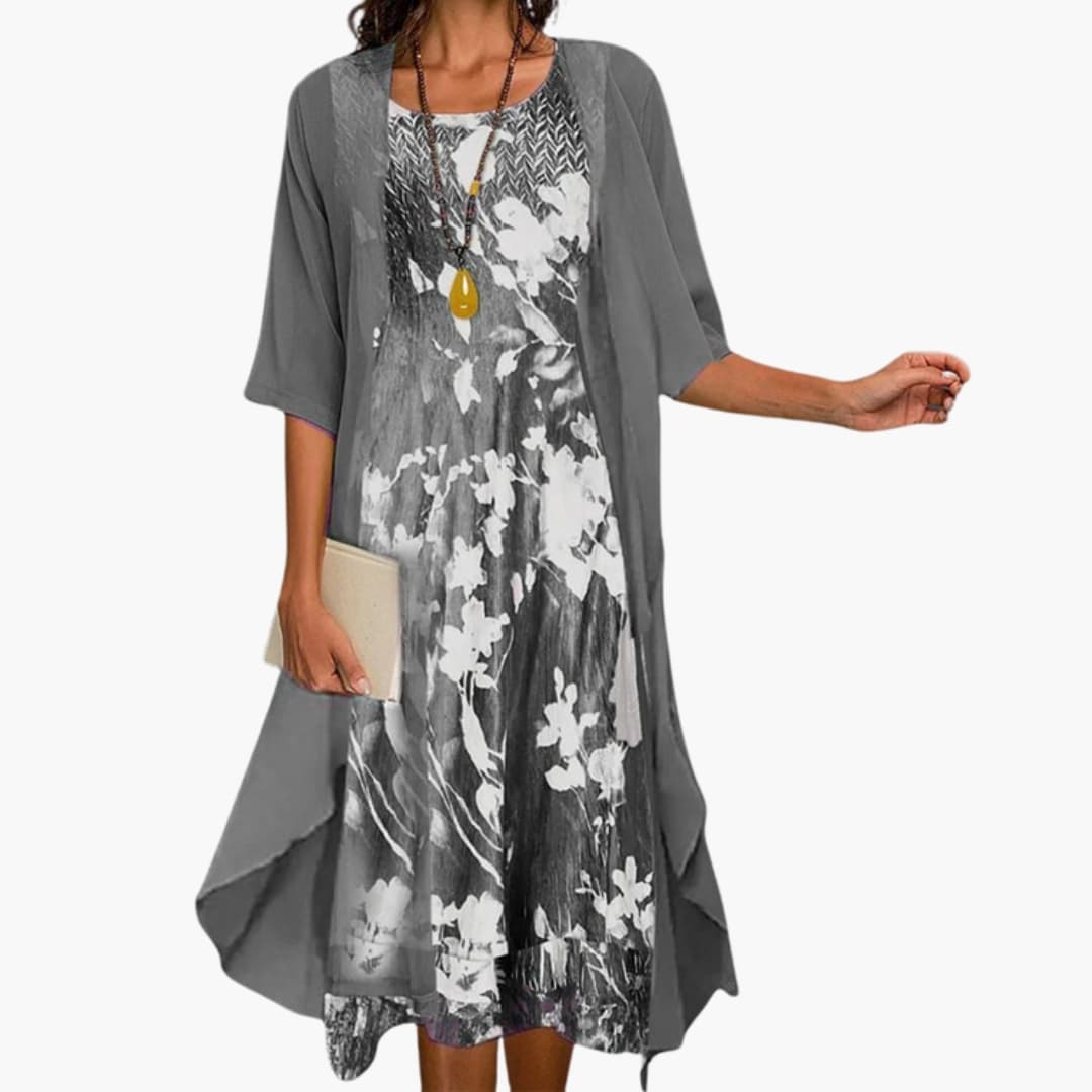Haleelle | Women's Two-Piece Matching Floral Midi Dress Chiffon Jacket Two Piece Set — Gray