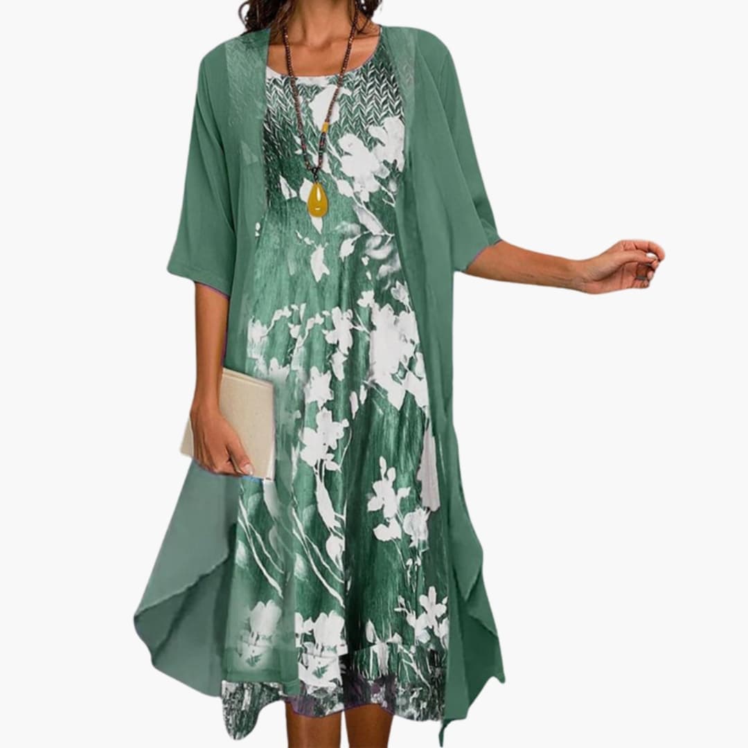 Haleelle | Women's Two-Piece Matching Floral Midi Dress Chiffon Jacket Two Piece Set — Green