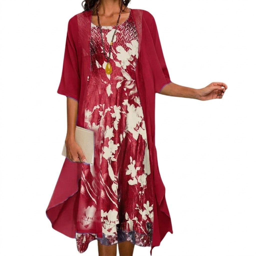 Haleelle | Women's Two-Piece Matching Floral Midi Dress Chiffon Jacket Two Piece Set — Red