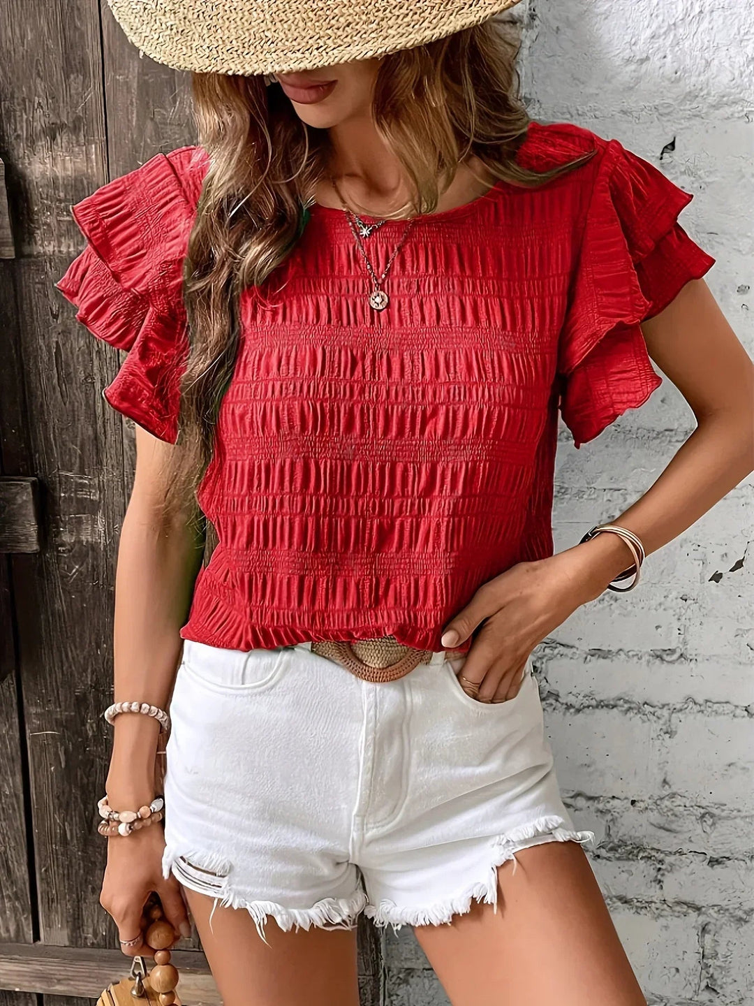 Haleetta | Women's Linen Casual Ruffles Airy Blouse for Confident Style — Red