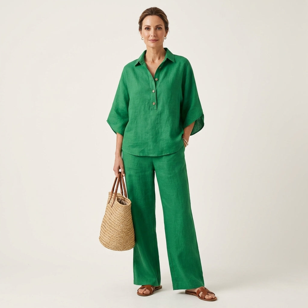 Halenova | Linen Cotton Batwing Top & Wide Leg Pants Set