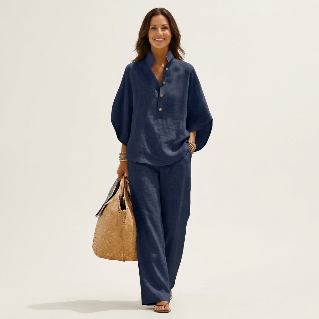 Halenova | Linen Cotton Batwing Top & Wide Leg Pants Set