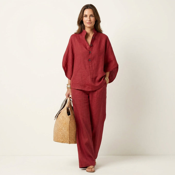 Halenova | Linen Cotton Batwing Top & Wide Leg Pants Set