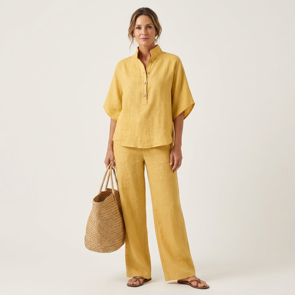 Halenova | Linen Cotton Batwing Top & Wide Leg Pants Set