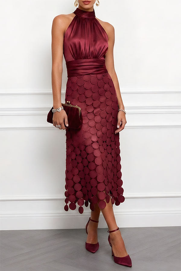 Halselle | Women's Elegant Satin Circle Cutout Midi Dress with Halter Neck Sleeveless Ruched Waist Wedding Guest Style — Burgundy