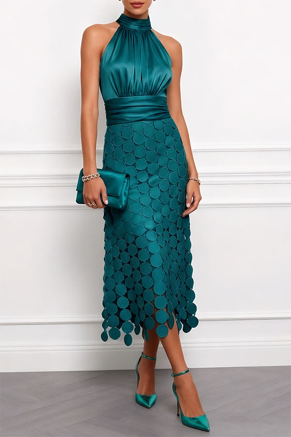 Halselle | Women's Elegant Satin Circle Cutout Midi Dress with Halter Neck Sleeveless Ruched Waist Wedding Guest Style — Dark Green