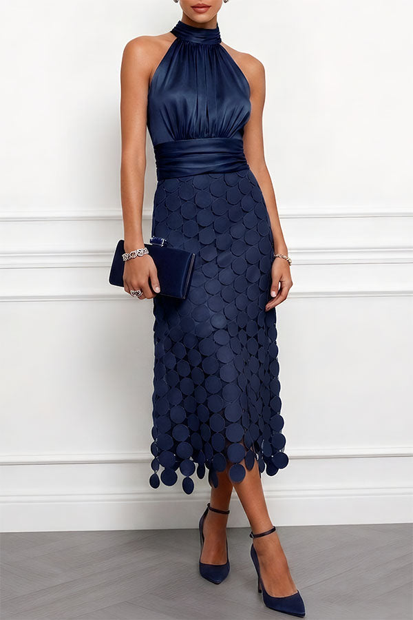 Halselle | Women's Elegant Satin Circle Cutout Midi Dress with Halter Neck Sleeveless Ruched Waist Wedding Guest Style — Navy Blue