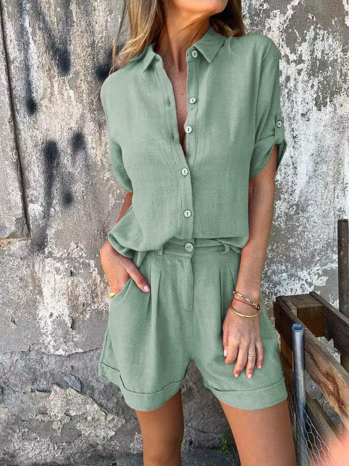 Halsreth | Women's Casual Stretch Stylish Cotton-Linen Set Top — Green