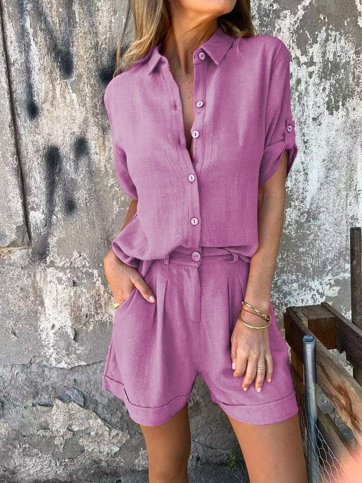Halsreth | Women's Casual Stretch Stylish Cotton-Linen Set Top — Purple