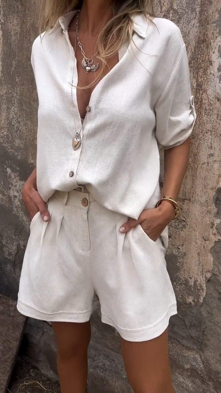 Halsreth | Women's Casual Stretch Stylish Cotton-Linen Set Top — White