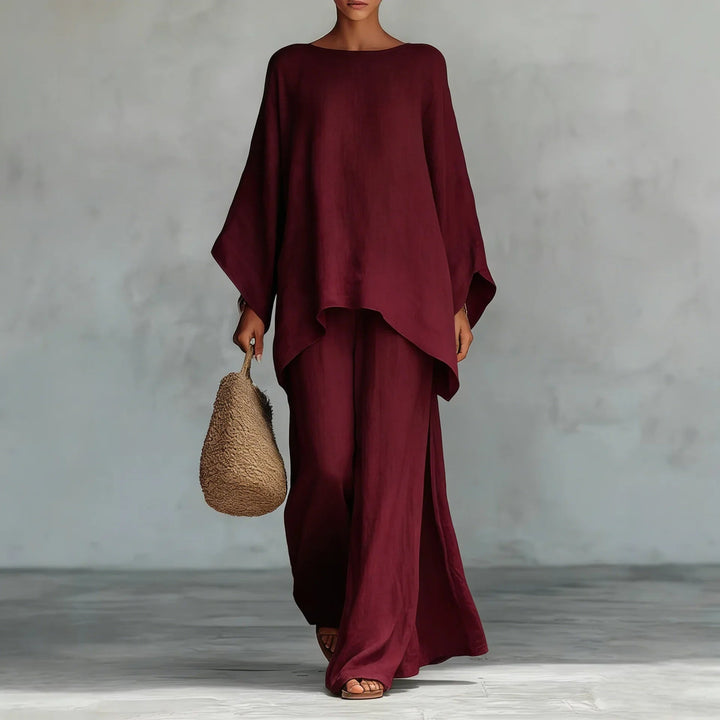 Hannah | Women's Matching Cotton Linen Wide-Leg Pants Two-Piece Set — Burgundy