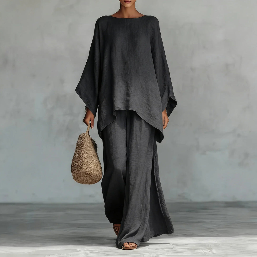 Hannah | Women's Matching Cotton Linen Wide-Leg Pants Two-Piece Set — Dark Gray